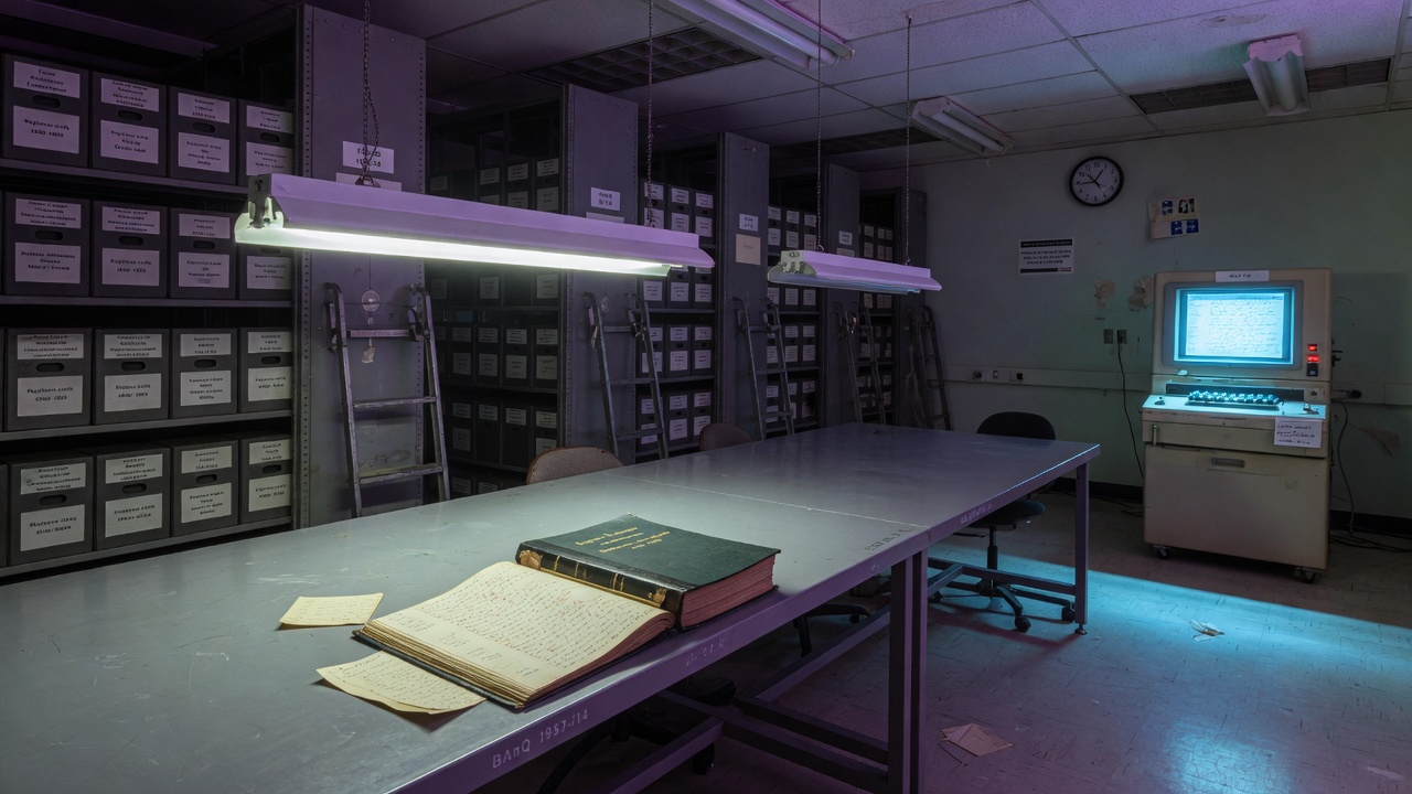 Archive reading room with a parish register on a steel table.